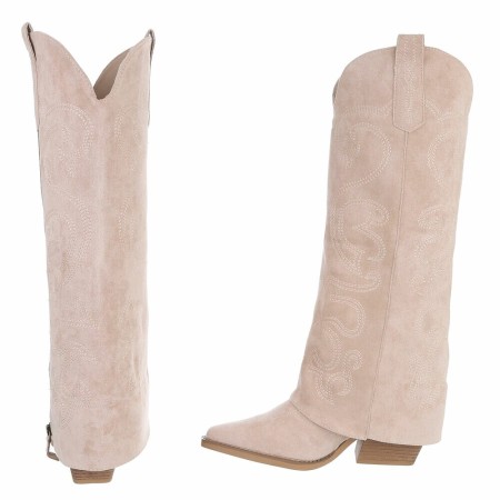 CHAUSSURES FEMME BOTTES HAUTES WESTERN BEIGE ZIP