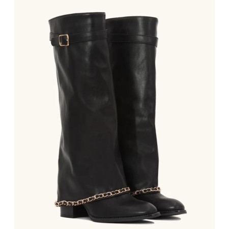 BOTTES HAUTES CHAUSSURES FEMME A REVERS AVEC DETAILS CHAINETTE DOREE MISS MARINA NOIR