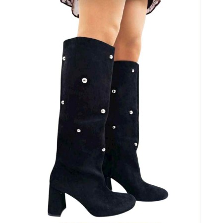 Bottes hautes en daim femme – Talon carré confortable – Beige, Noir