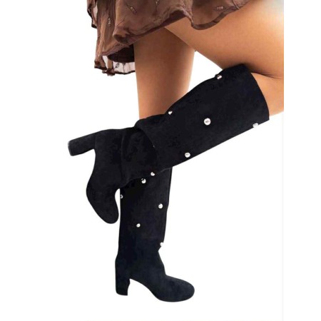 BOTTES HAUTES EN DAIM AVEC CLOUS – TALON CARRÉ CONFORTABLE MISS ASHLEY NOIR