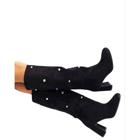 Bottes hautes en daim femme – Talon carré confortable – Beige, Noir