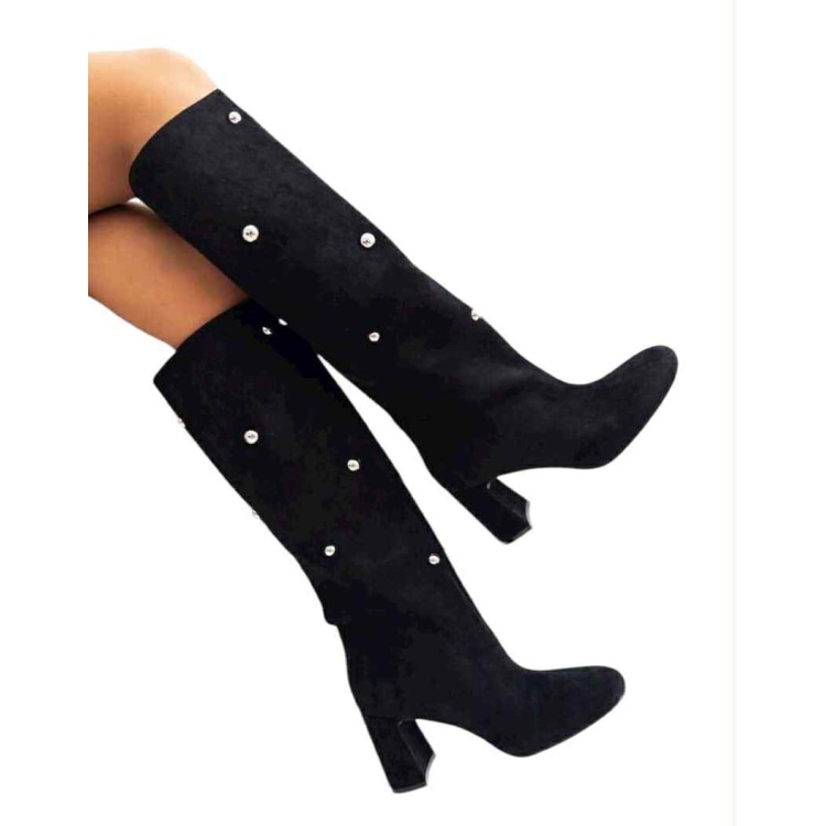 Bottes hautes en daim femme – Talon carré confortable – Beige, Noir