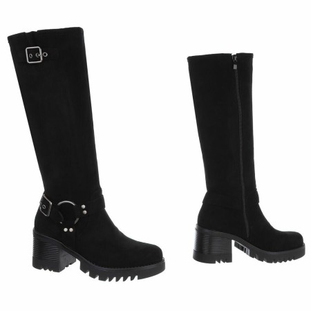 CHAUSSURES FEMME BOTTES HAUTES TALON CARRE CONFORT BIKER BOUCLE SUEDINE MISS MONICA NOIR