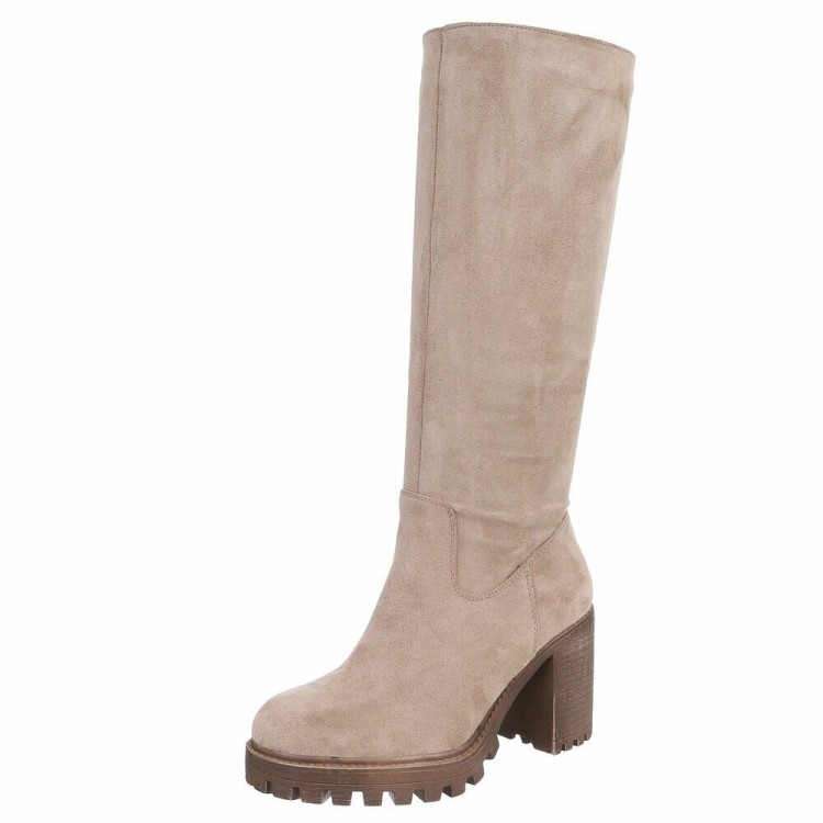 Bottes en suédine beige ou noir, talon épais 8 cm et semelle crantée. Élégance & confort