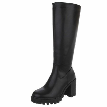 Bottes noires sous le genou en simili cuir premium. Talon épais 8 cm, semelle crantée et confort. Du 36 au 41.