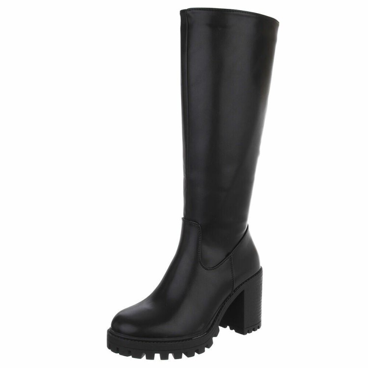 Bottes noires sous le genou en simili cuir premium. Talon épais 8 cm, semelle crantée et confort. Du 36 au 41.