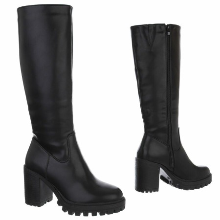 Bottes noires sous le genou en simili cuir premium. Talon épais 8 cm, semelle crantée et confort. Du 36 au 41.
