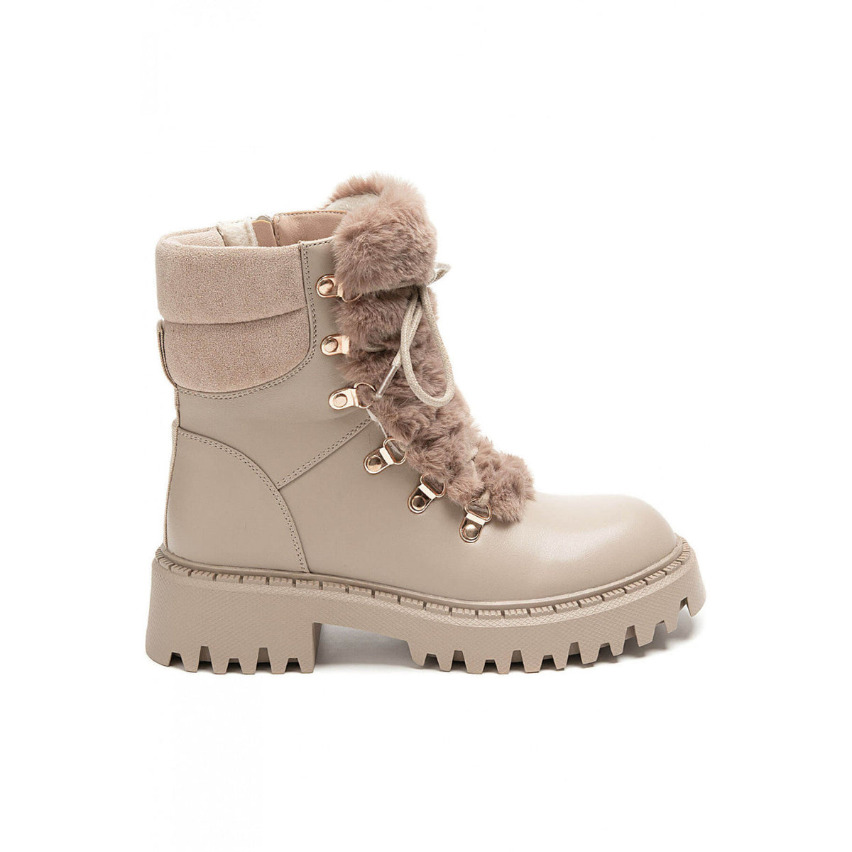 BOOTS SIMILICUIR BEIGE FAUSSE FOURRURE LACETS SEMELLE CRANTÉE – MISSKCY