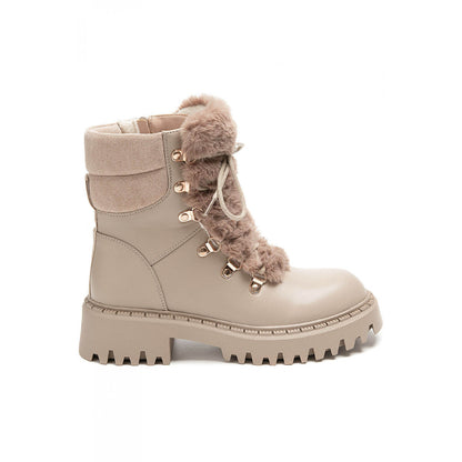 BOOTS SIMILICUIR BEIGE FAUSSE FOURRURE LACETS SEMELLE CRANTÉE – MISSKCY