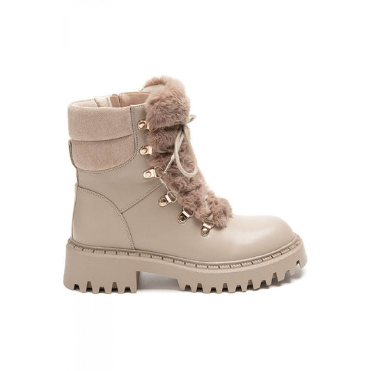 BOOTS SIMILICUIR BEIGE FAUSSE FOURRURE LACETS SEMELLE CRANTÉE – MISSKCY