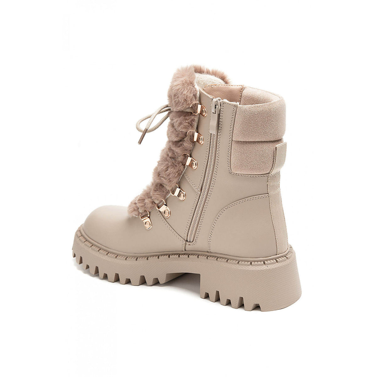 BOOTS SIMILICUIR BEIGE FAUSSE FOURRURE LACETS SEMELLE CRANTÉE – MISSKCY