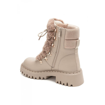 BOOTS SIMILICUIR BEIGE FAUSSE FOURRURE LACETS SEMELLE CRANTÉE – MISSKCY