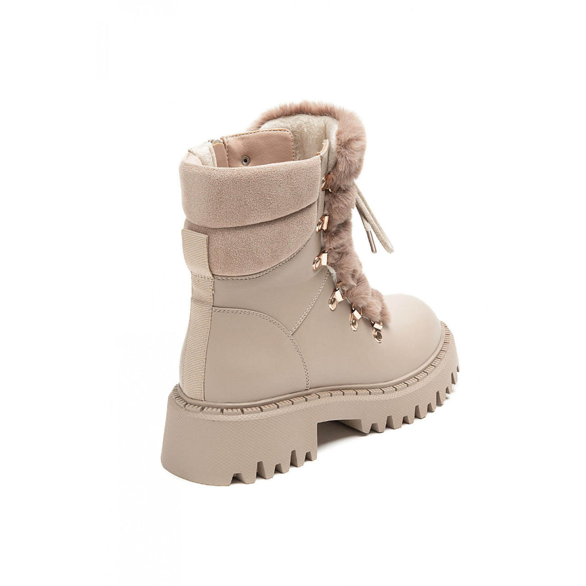 BOOTS SIMILICUIR BEIGE FAUSSE FOURRURE LACETS SEMELLE CRANTÉE – MISSKCY
