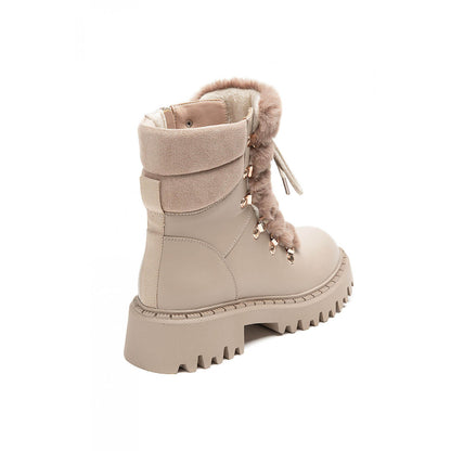BOOTS SIMILICUIR BEIGE FAUSSE FOURRURE LACETS SEMELLE CRANTÉE – MISSKCY