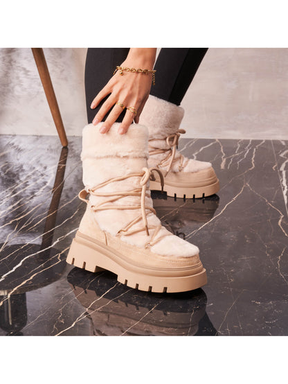 BOOTS SIMILI DAIM BEIGE FAUSSE FOURRURE INTÉGRALE LACETS SEMELLE PLATEFORME – MISS ALMA