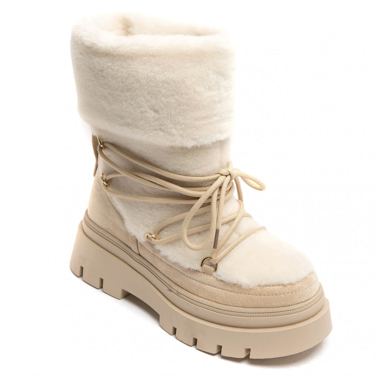 BOOTS SIMILI DAIM BEIGE FAUSSE FOURRURE INTÉGRALE LACETS SEMELLE PLATEFORME – MISS ALMA