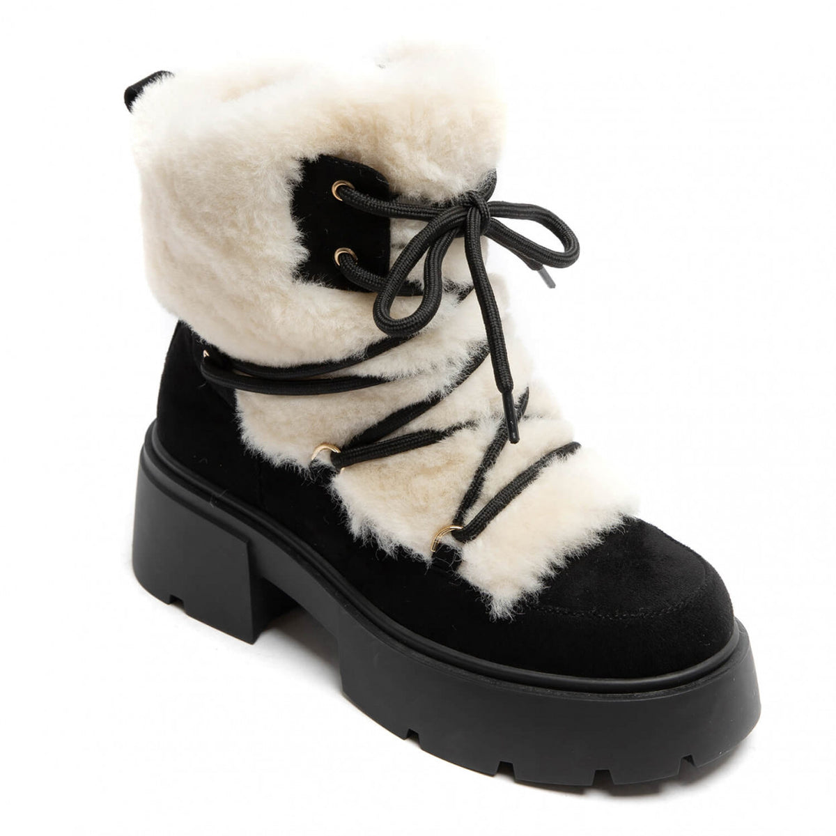 BOOTS SIMILI DAIM NOIR FAUSSE FOURRURE BLANCHE LACETS SEMELLE PLATEFORME – MISSKCY