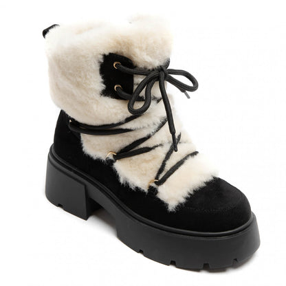 BOOTS SIMILI DAIM NOIR FAUSSE FOURRURE BLANCHE LACETS SEMELLE PLATEFORME – MISSKCY