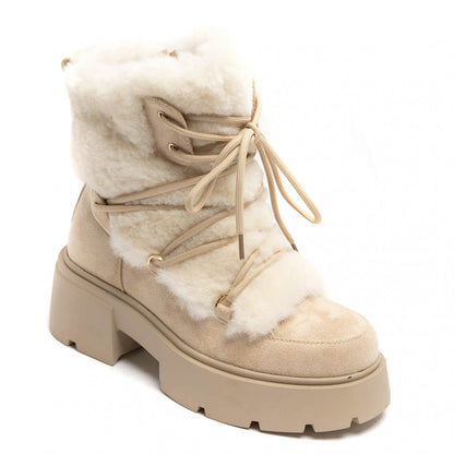 BOOTS SIMILI DAIM BEIGE CLAIR FAUSSE FOURRURE BLANCHE LACETS SEMELLE PLATEFORME – MISSKCY