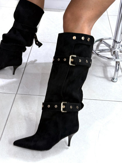 BOTTES FEMME EFFET DAIM À BOUCLES – BOUT POINTU, TALON FIN MAYA NOIR