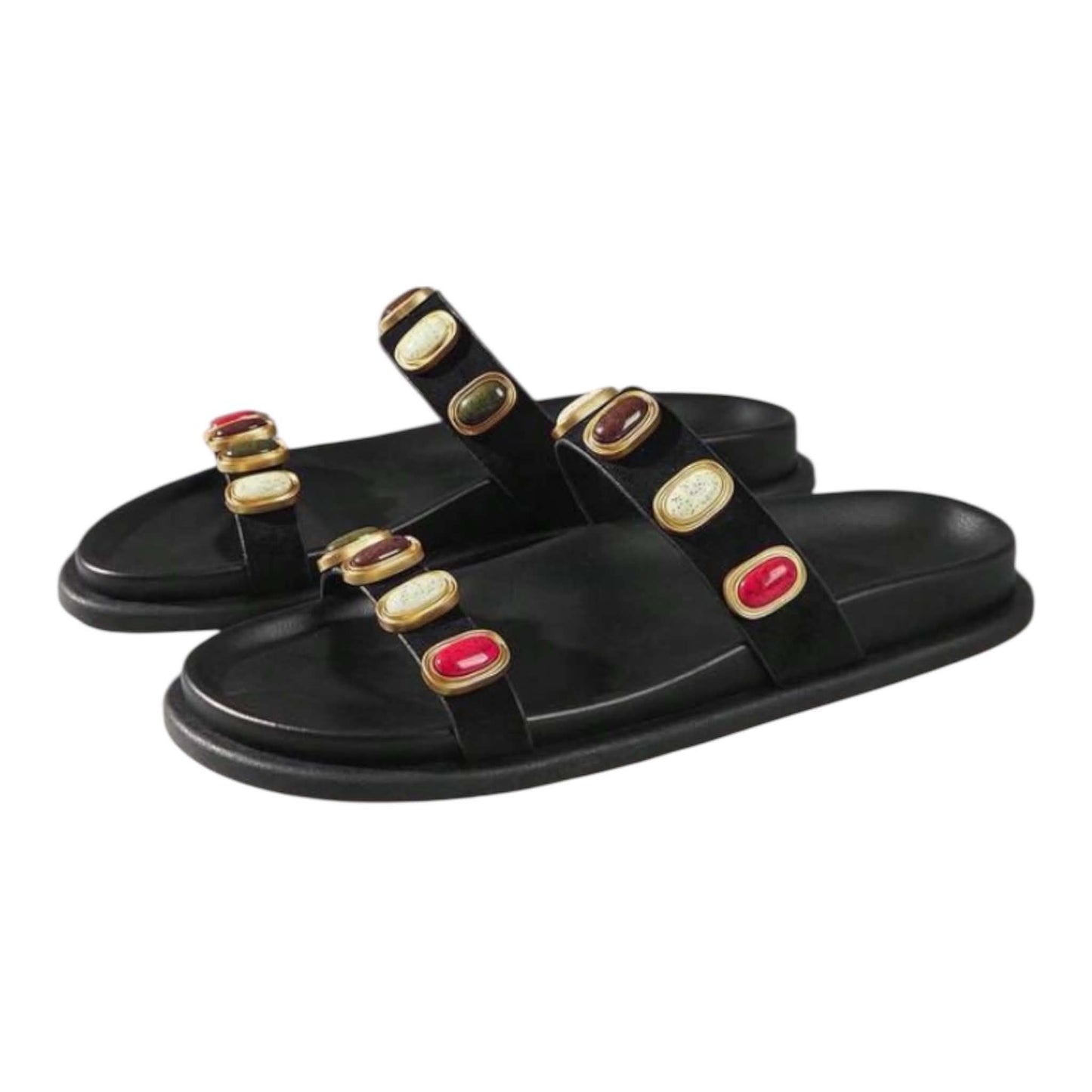 Sandales Joya en Simili Cuir Noir – Ornements de Pierres Cabochons Colorées