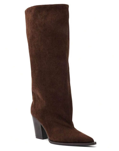 BOTTES HAUTES SUÉDINE BOUT POINTU TALON BLOC – MISS ABIGAIL CHOCO