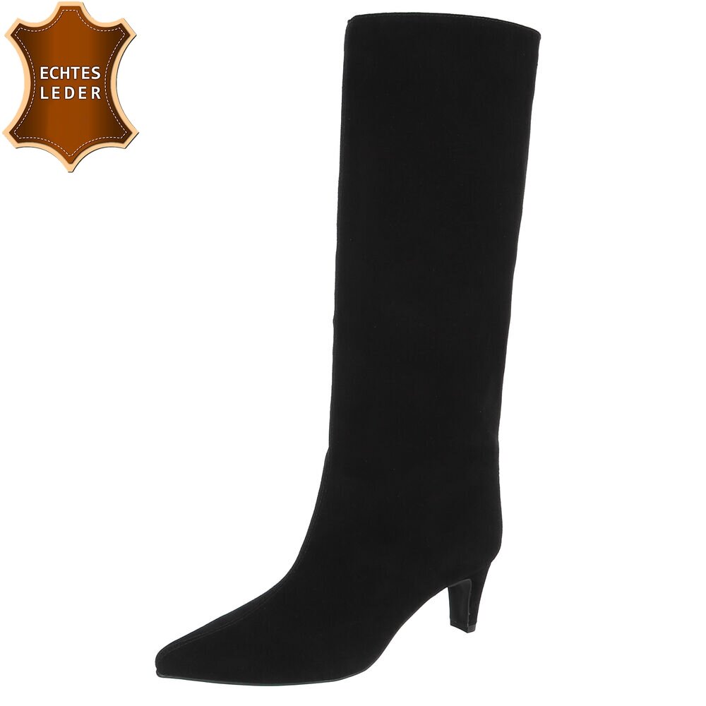 BOTTES HAUTES NOIRES EN CUIR VÉRITABLE VELOURS – BOUT POINTU & PETIT TALON MISS CASSANDRE