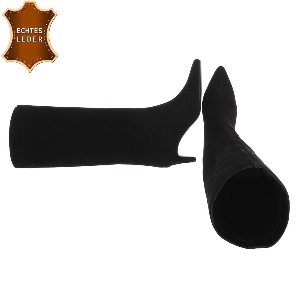 BOTTES HAUTES NOIRES EN CUIR VÉRITABLE VELOURS – BOUT POINTU & PETIT TALON MISS CASSANDRE