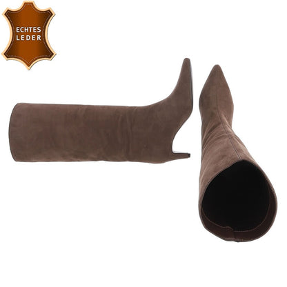 BOTTES HAUTES MARRON EN CUIR VÉRITABLE VELOURS – BOUT POINTU & PETIT TALON MISS CASSANDRE