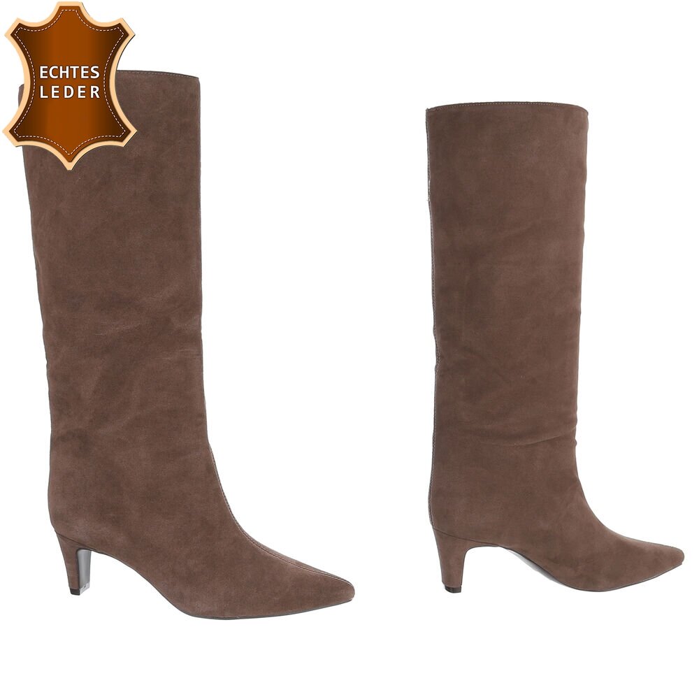 BOTTES HAUTES MARRON EN CUIR VÉRITABLE VELOURS – BOUT POINTU & PETIT TALON MISS CASSANDRE