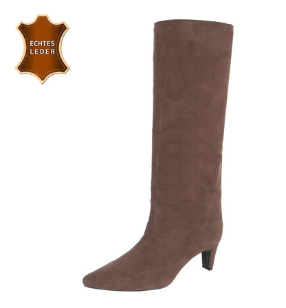 BOTTES HAUTES MARRON EN CUIR VÉRITABLE VELOURS – BOUT POINTU & PETIT TALON MISS CASSANDRE