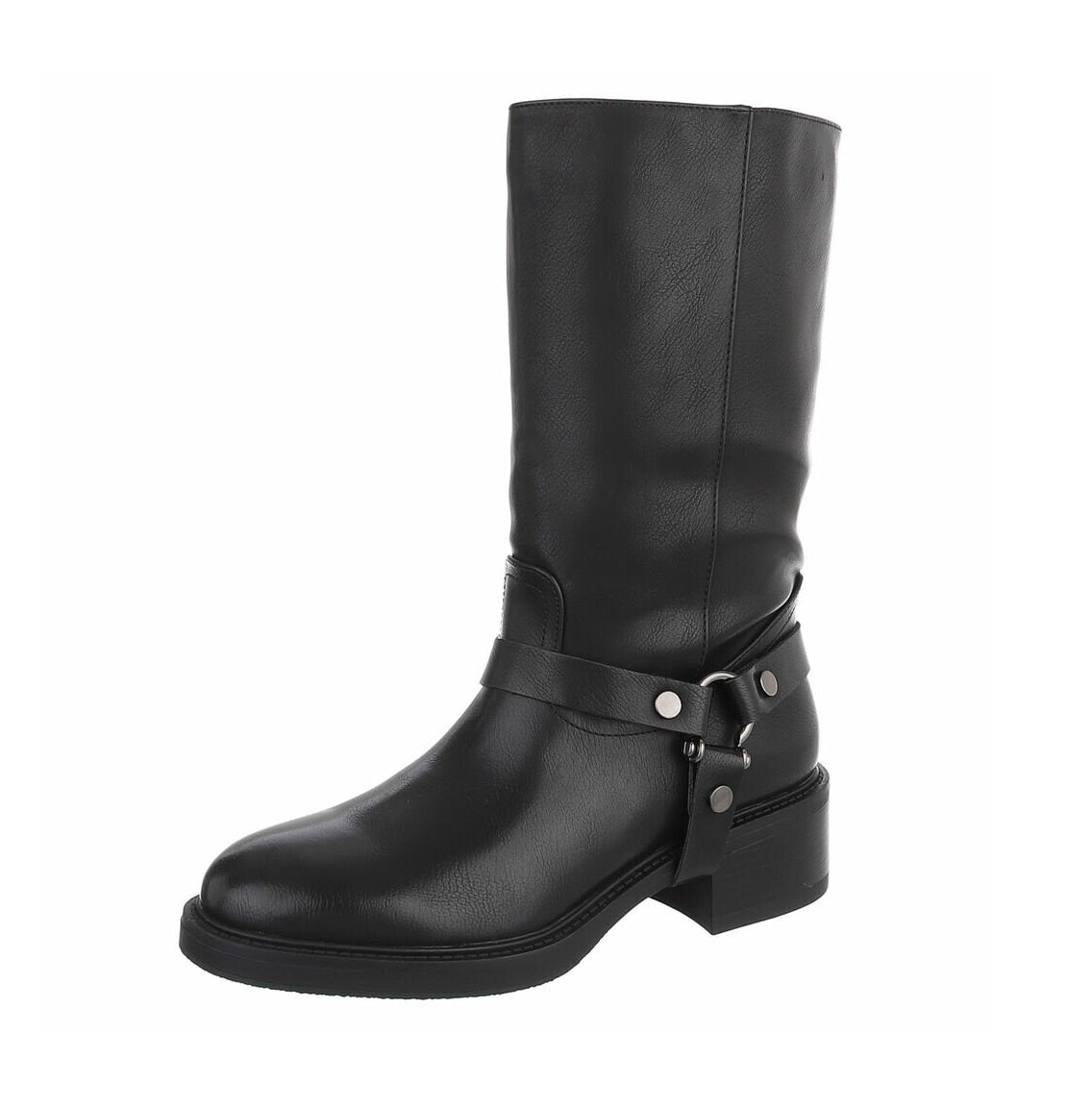 BOTTES BIKER NOIRES SIMILI CUIR PREMIUM – BRIDE AMOVIBLE À ANNEAU MISS ANITA