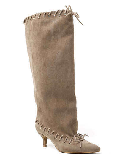 BOTTES HAUTES SUÉDINE BEIGE TALON FIN ŒILLETS DOUBLE LAÇAGE MISS TAMARA