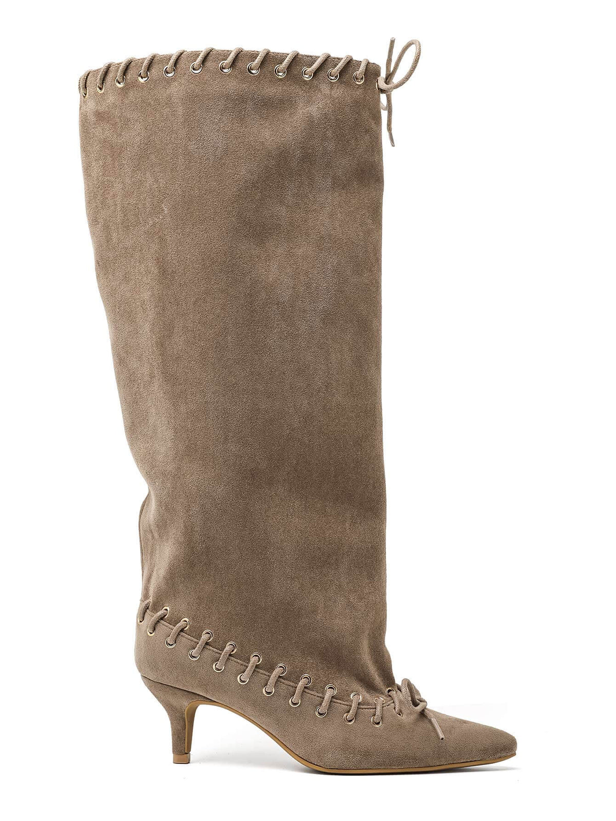BOTTES HAUTES SUÉDINE BEIGE TALON FIN ŒILLETS DOUBLE LAÇAGE MISS TAMARA