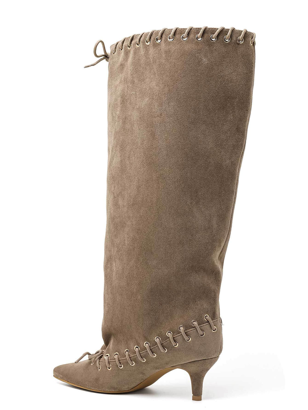 BOTTES HAUTES SUÉDINE BEIGE TALON FIN ŒILLETS DOUBLE LAÇAGE MISS TAMARA
