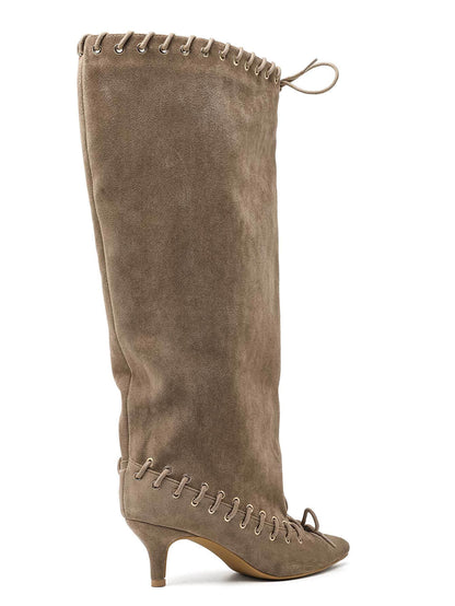 BOTTES HAUTES SUÉDINE BEIGE TALON FIN ŒILLETS DOUBLE LAÇAGE MISS TAMARA