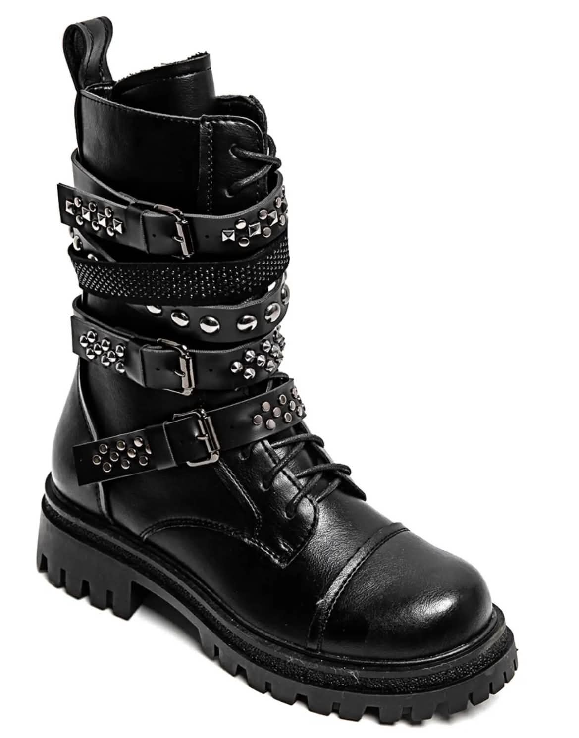 BOTTINES RANGERS CLOUTÉES À BOUCLES – NOIR
