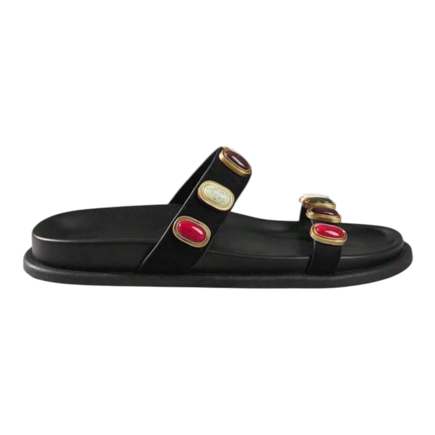 Sandales Joya en Simili Cuir Noir – Ornements de Pierres Cabochons Colorées