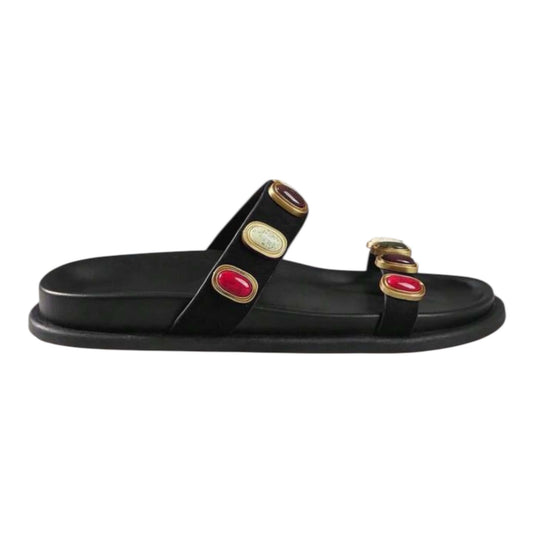 Sandales Joya en Simili Cuir Noir – Ornements de Pierres Cabochons Colorées