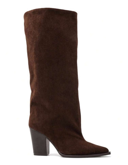 BOTTES HAUTES SUÉDINE BOUT POINTU TALON BLOC – MISS ABIGAIL CHOCO