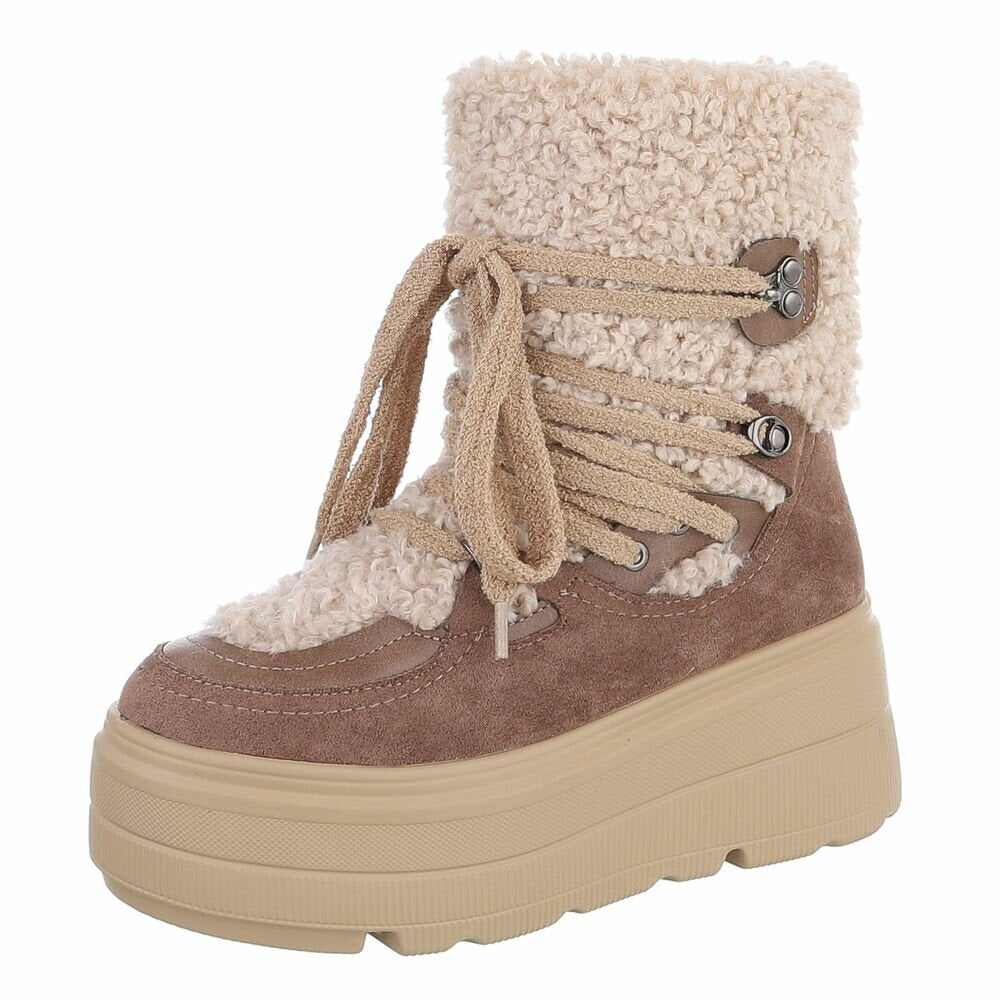BOTTINES FEMME TAUPE FOURRÉES À LACETS – SEMELLE PLATEFORME CRANTÉE ET COL BOUCLETTE