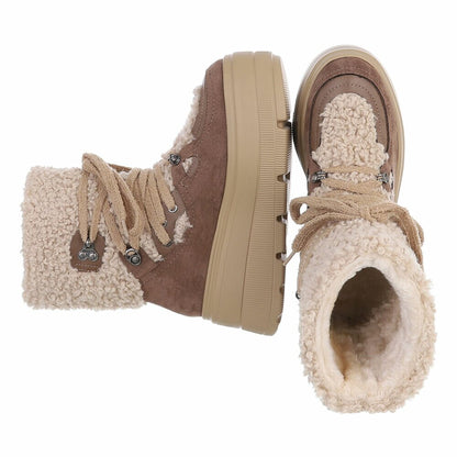 BOTTINES FEMME TAUPE FOURRÉES À LACETS – SEMELLE PLATEFORME CRANTÉE ET COL BOUCLETTE