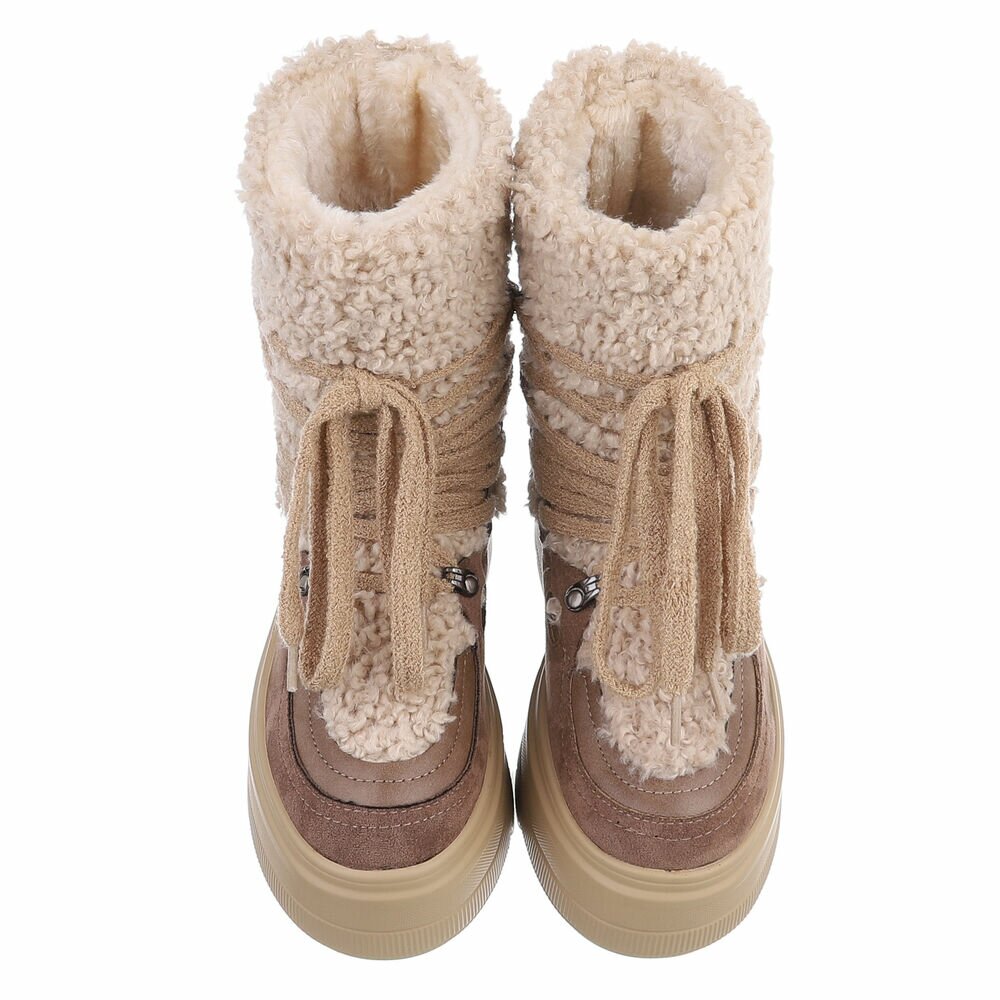 BOTTINES FEMME TAUPE FOURRÉES À LACETS – SEMELLE PLATEFORME CRANTÉE ET COL BOUCLETTE