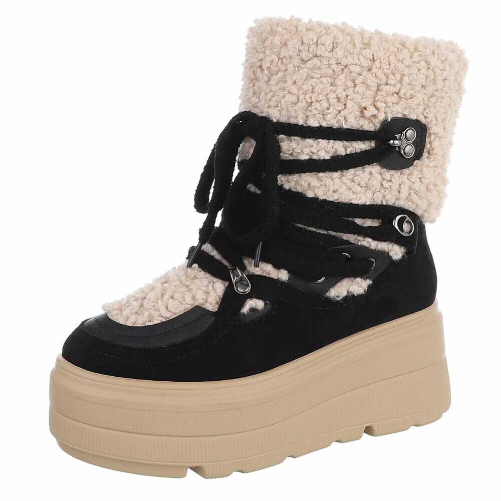 BOTTINES FEMME NOIRES FOURRÉES À LACETS – SEMELLE PLATEFORME CRANTÉE ET COL BOUCLETTE