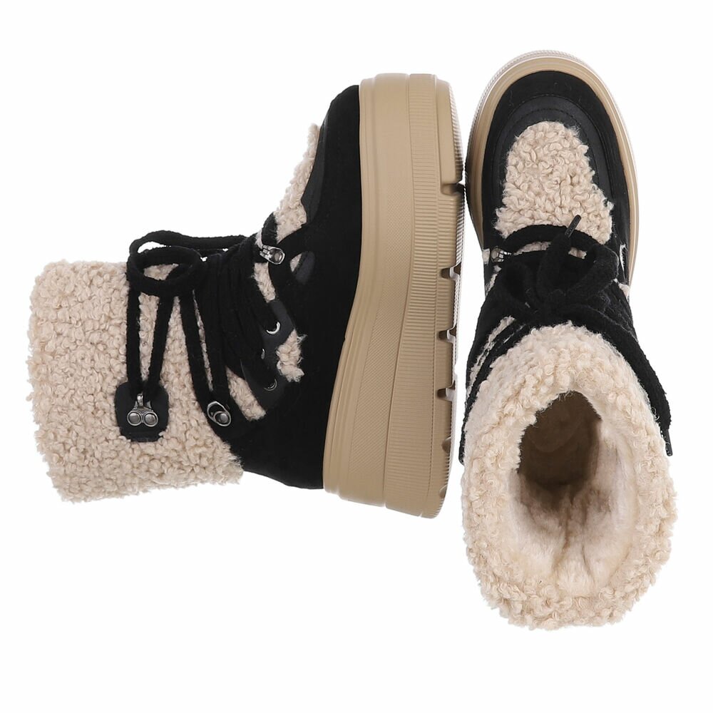BOTTINES FEMME NOIRES FOURRÉES À LACETS – SEMELLE PLATEFORME CRANTÉE ET COL BOUCLETTE