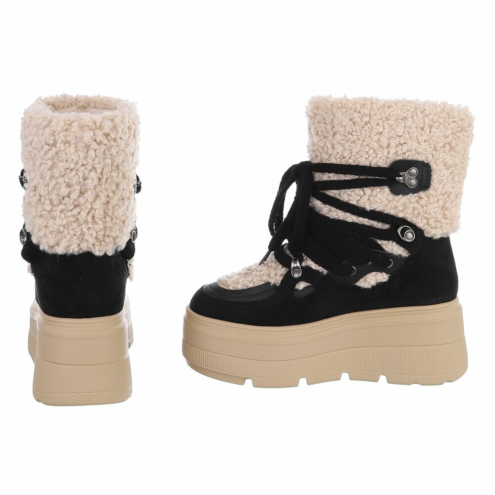 BOTTINES FEMME NOIRES FOURRÉES À LACETS – SEMELLE PLATEFORME CRANTÉE ET COL BOUCLETTE