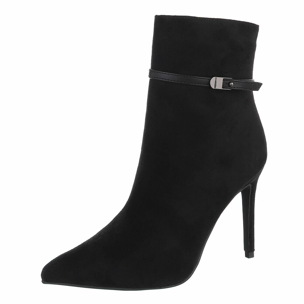 BOTTINES FEMME NOIRES À TALON AIGUILLE ET BOUT POINTU – ASPECT DAIM AVEC FINE BRIDE À BOUCLE MÉTALLIQUE