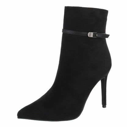 BOTTINES FEMME NOIRES À TALON AIGUILLE ET BOUT POINTU – ASPECT DAIM AVEC FINE BRIDE À BOUCLE MÉTALLIQUE