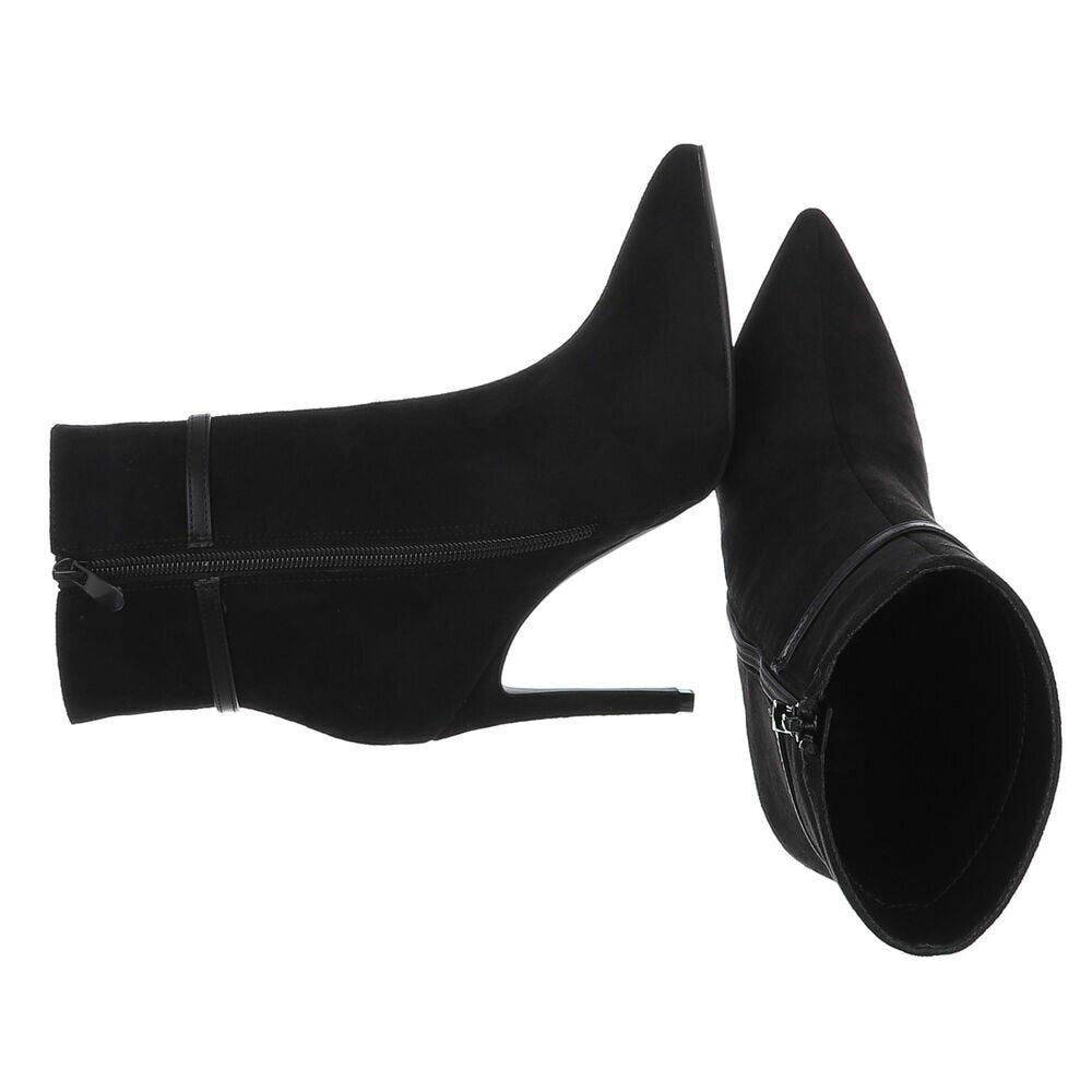 BOTTINES FEMME NOIRES À TALON AIGUILLE ET BOUT POINTU – ASPECT DAIM AVEC FINE BRIDE À BOUCLE MÉTALLIQUE