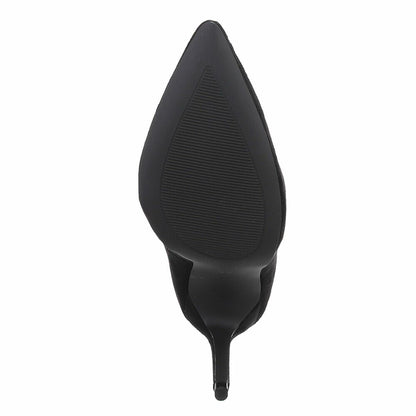 BOTTINES FEMME NOIRES À TALON AIGUILLE ET BOUT POINTU – ASPECT DAIM AVEC FINE BRIDE À BOUCLE MÉTALLIQUE